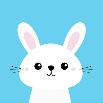 White bunny rabbit. Cute kawaii cartoon character. Funny head baby face. Big ears. Greeting card template. Happy Easter sign symbol. Blue background. Flat design.