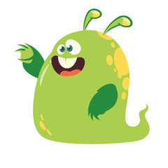 Funny and happy cartoon monster with many eyes  pointing hand. Vector  Halloween illustration of green monster with many eyes
