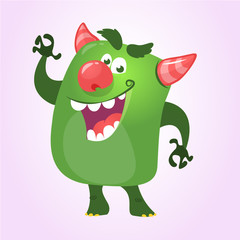 Cool cartoon monster pressenting or pointing hand. Vector green monster troll illustration. Halloween design. Design for decoration, print or sticker
