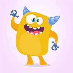 Fototapeta premium Happy cartoon monster. Halloween vector orange and horned monster. Funny monster expressions