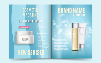 A beautiful cosmetic magazine design, 3d illustration with bottle, tube and jar for moisturizing cream on a blue background with water bubbles