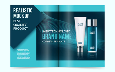 Blue cosmetic magazine template, new care technology illustration with translucent bottle and white tube mock up for moisturizing cream on background with abstract digital wave
