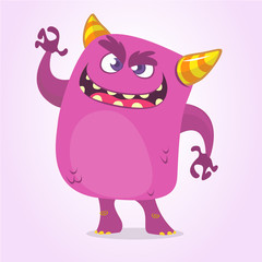 Cartoon Scary Monster With Big Mouth waving. Vector purple monster character illustration. Halloween design