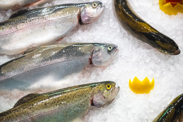 Fresh trouts displayed on ice for sale at Bibury trout farm in England