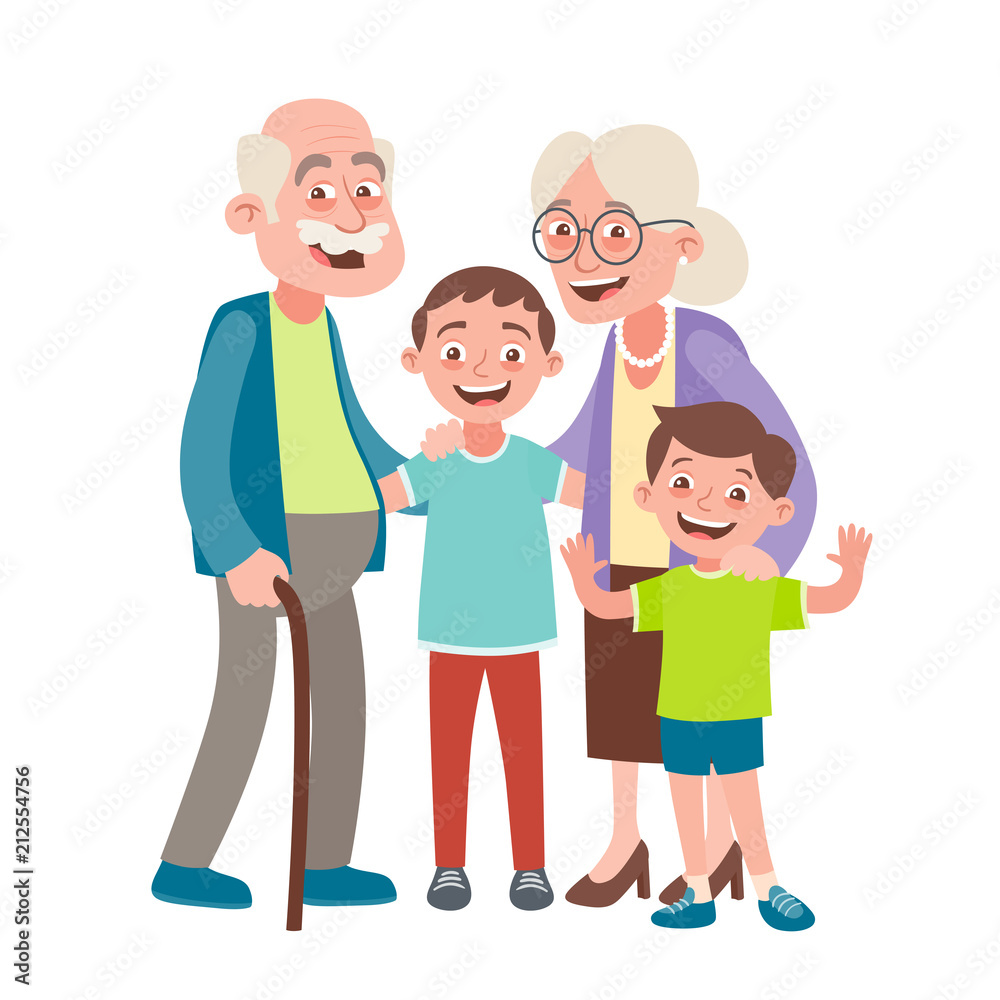 Wall mural grandparents and two grandsons portrait. happy grandparents day concept. vector illustration in cart