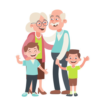 Grandparents and two grandchildren portrait. Happy grandparents day concept. Vector illustration in cartoon style, isolated on white background. 