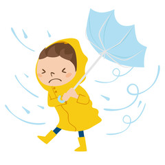 雨と風の中、傘が飛ばされそうになって危険な状態の男の子のイラスト