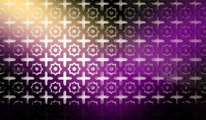 Wall with a volumetric oriental pattern, ornament, neon light. 3D rendering