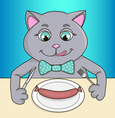 Grey joyful cat is going to eat sausage