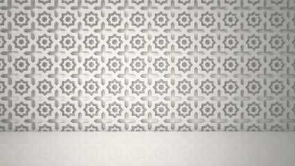 Wall with a volumetric eastern pattern, ornament, white color. 3D rendering