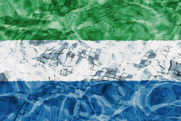 Texture of Sierra Leone flag in the pool, water. Splashes.