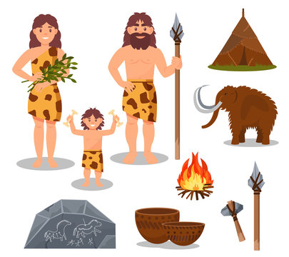 Stone age symbols set, primitive people, mammoth, weapon, prehistoric house vector Illustrations on a white background