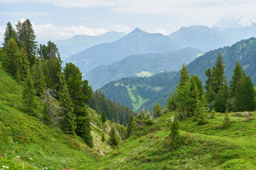 Fototapeta na wymiar Blick durch Tal auf Berge in den Alpen