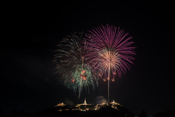 Beautiful fireworks with Phra Nakhon Khiri ancient place (Khao Wang) landmark of Phetchaburi Province Thailand