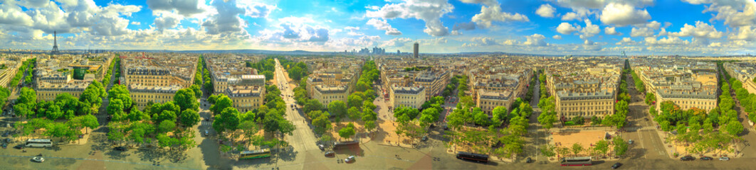 Paris 360 degrees skyline panorama from top of Arc de Triomphe on Champs Elysees street.Tour Eiffel...