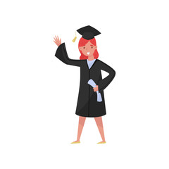 Happy female graduate, smiling graduation girl student in gown and cap waving her hand vector Illustrations on a white background