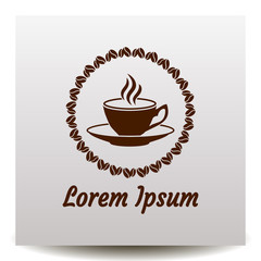 Cup of coffe with saurce, frame of coffee beans and flavour vector icon.