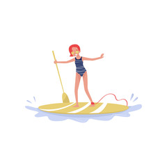 Young woman standing on paddle board, paddleboarding water sport cartoon vector Illustration on a white background