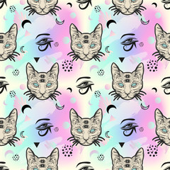 80s-90s style seamless pattern with cat. Fashion mystic background.
