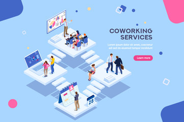 Coworkers office concept with characters. Freelancer concept, coworking people, ceo business workspace for creative businesswoman. Standing employee space for businessmen. Flat Isometric illustration.
