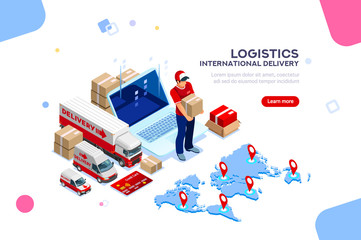 Distribution, global factory infographic. Good trade and logistics, international delivery. Supply network insurance. Vehicle, isometric truck illustration, vector cargo isolated on white background.