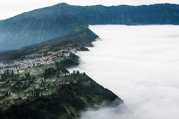 village and forest in morning fog on mountain