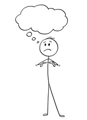 Cartoon stick drawing conceptual illustration of unhappy man or businessman thinking with empty text or speech bubble or balloon above his head.