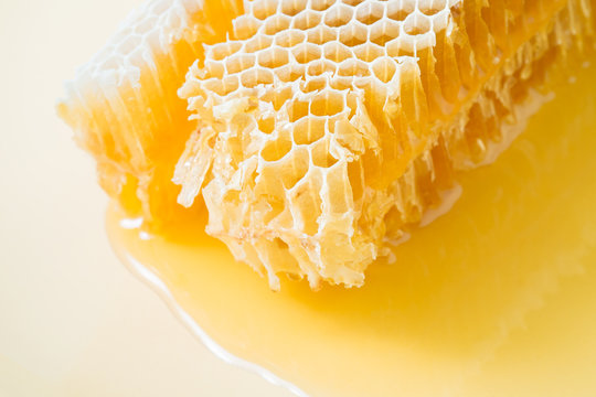 Piece of honeycomb with honey in closeup, healthy products by organic ingredients
