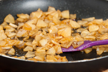 Caramelized Apples On Frying Pan. Cooking Process.