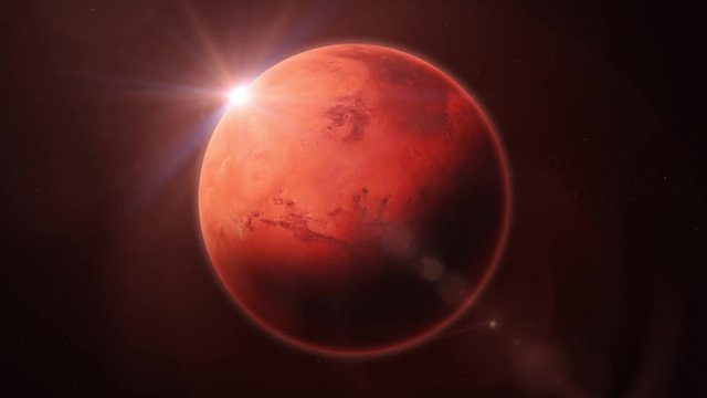 HD Mars Planet Rotation Loop/
Animation of a realistic mars planet surface rotating 24h with red halo and lens flare effect
