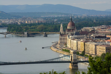 Budapest, Hungary, April 18, 2016: Panorama of the evening Budapest. View with Chain Bridge and Parliament.