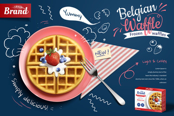 Belgian waffle ads with fruit - obrazy, fototapety, plakaty