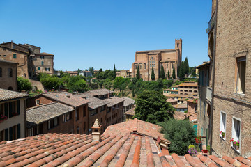 View of old buildings cityscape of Siena, Italy.