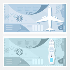 Airport Banner, Cruise Ship at Sea, Plane on the Runway, Tourism and Travel Infographic Concept, Vector Illustration