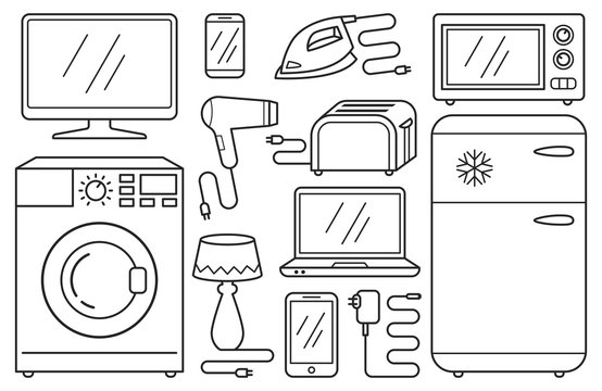 Haushaltsger&auml;te, Line Icons, Elektroger&auml;te, Elektroschrott, schwarze Symbole auf wei&szlig;em Hintergrund