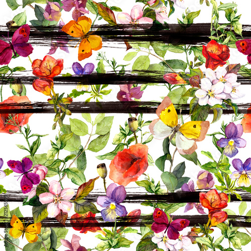 Meadow Flowers Wild Grass Summer Butterflies At Monochrome Striped Pattern Repeating Floral Background Summer Watercolor With Black Stripes Wall Mural Zzorik