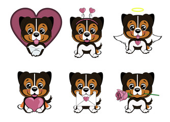 Big set of different little dogs. Brown puppies with different emotions. Australian shepherd cartoon.