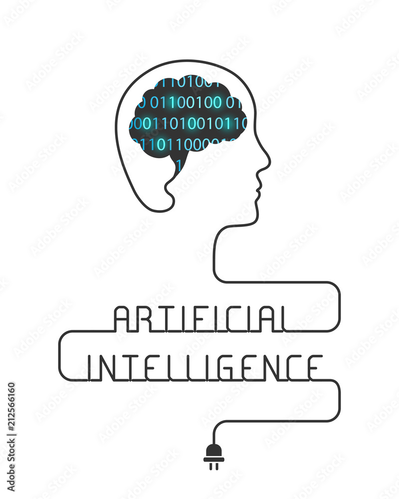 Poster artificial intelligence concept with brain made of binary code and wire forming the head and words