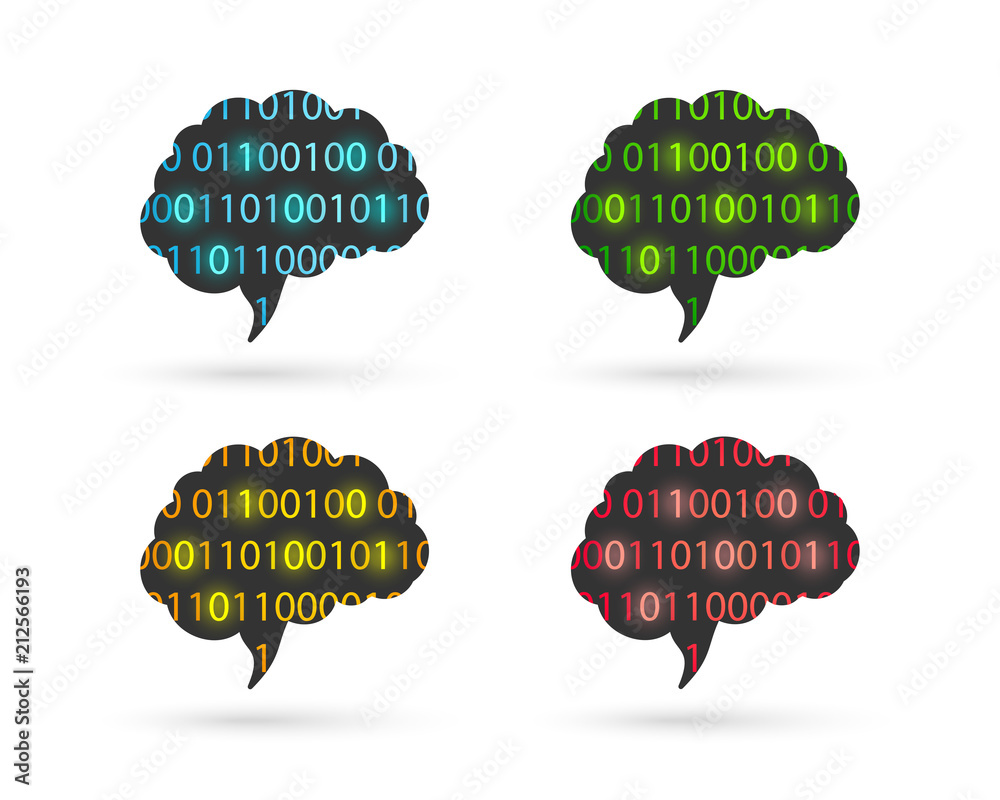 Poster brain with binary code and numbers concept. icon set in blue, green, yellow and red colors.