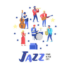 Jazz Music Characters Set. Musical Instruments, Musicians and Singer Artists. Contrabassist, drummer, saxophonist, guitarist. Vector illustration