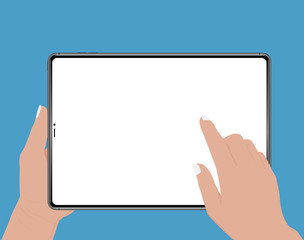 Hand holding. hand touching blank screen of tablet Isolated vector flat icon illustration.