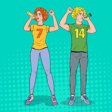 Pop Art Soccer Fans with Horns Supporting Favorite Teams. Football Supporter Man and Woman with Vuvuzela. Vector illustration