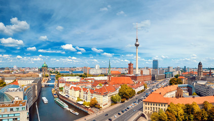 Aerial view of central Berlin on a bright day, including river Spree and television tower at Alexanderplatz - obrazy, fototapety, plakaty