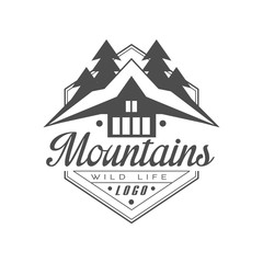 Mountains wild life logo design, premium quality vintage black and white mountain exploration outdoor adventure symbol vector Illustration on a white background
