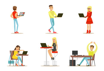 Flat vector set of young people with computers. Internet users. Guys and girls chatting with friends, playing games, working