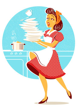 Clumsy attractive woman falling plates and dishes in her kitchen.