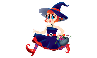 A running cute witch, holding a bowl of candies in her hand. Isolated.
