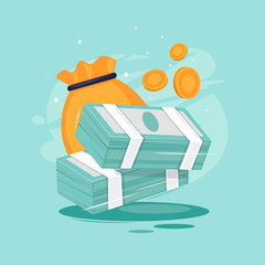Pile of money and a bag of coins. Flat design vector illustration.