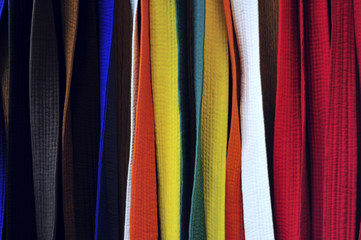 Colored student belts in the karate-do school.