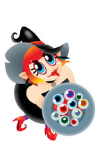 A cute witch holding a plate of eyeballs. Isolated.